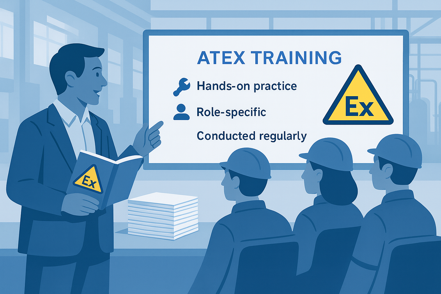 ATEX-koulutustilanne, jossa kouluttaja esittelee räjähdyssuojausasioita työntekijöille / ATEX training session where an instructor presents explosion protection topics to workers