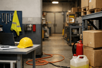 Työympäristö, jossa näkyy useita piileviä turvallisuusriskejä, kuten kulkureitillä lattialla oleva johto, kemikaalikanisteri ja laatikoita sekä käsisammutin pois omalta paikaltaan.
