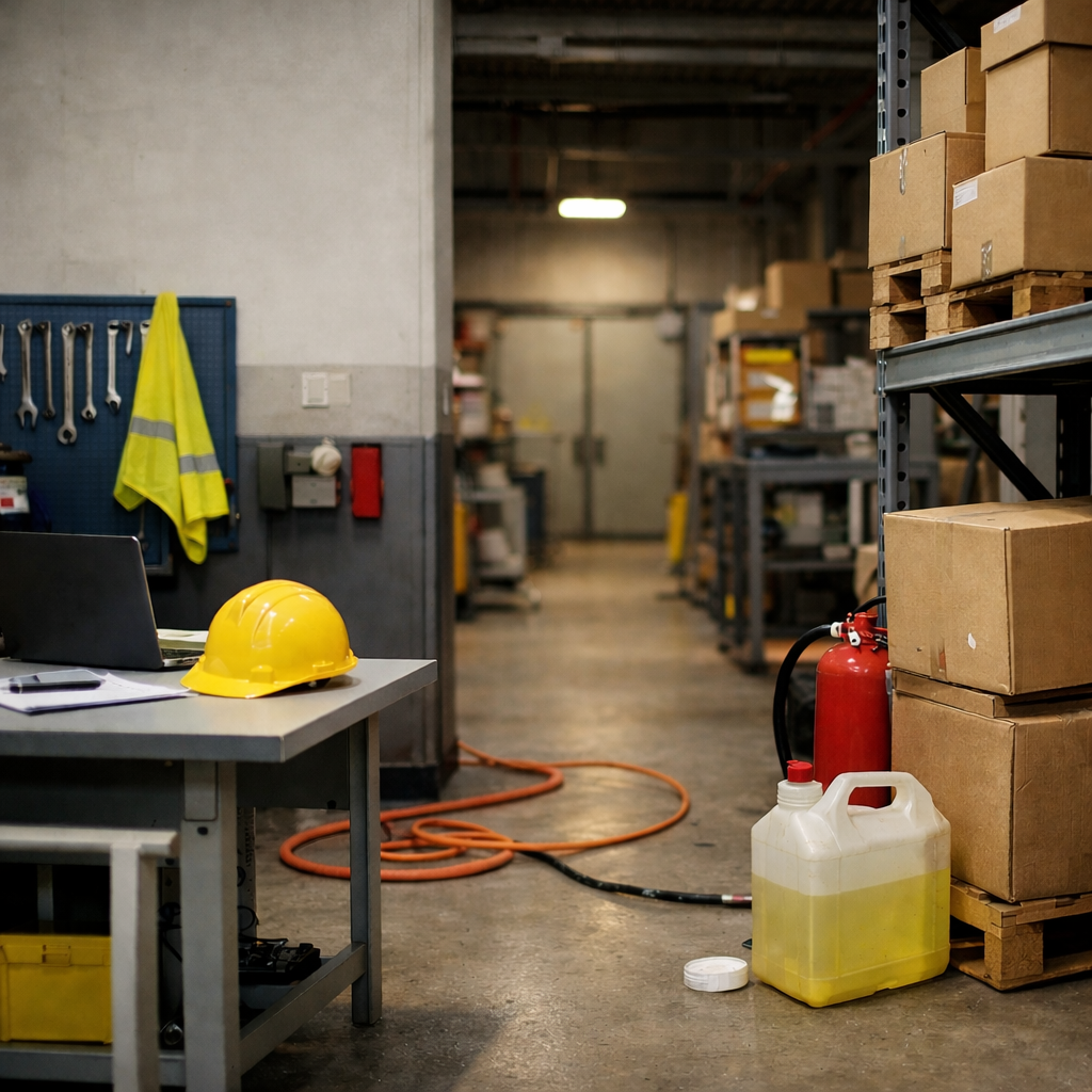 Työympäristö, jossa turvallisuusoletukset voivat peittää piileviä riskejä työpaikalla. Kuvassa näkyy kulkureitillä lattialla oleva johto, kemikaalikanisteri ja laatikoita sekä käsisammutin pois omalta paikaltaan.