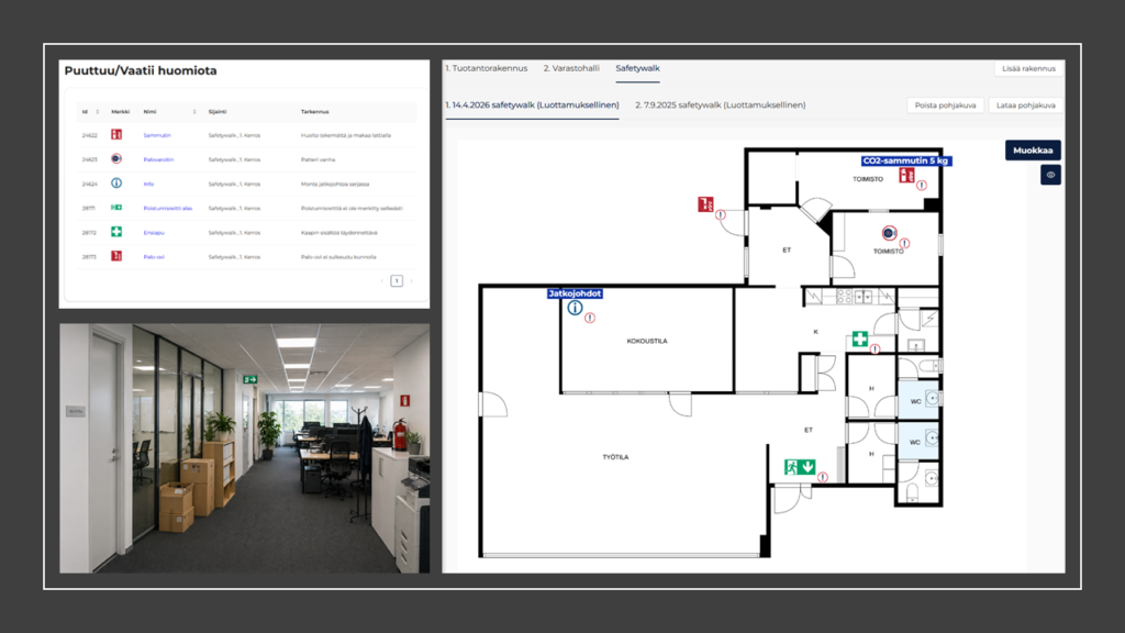 Pohjakuva ja toimistotilan todellinen näkymä rinnakkain sekä lista havaituista puutteista