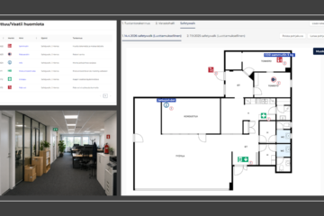 Pohjakuva ja toimistotilan todellinen näkymä rinnakkain sekä lista havaituista puutteista